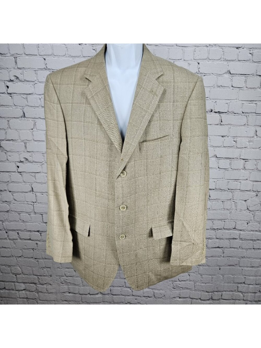 Stafford Beige Silk Wool Executive 3 Button Ventless Notch Blazer Sport Coat 42R